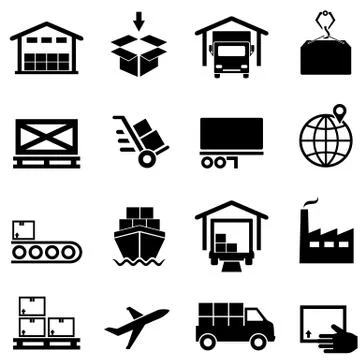 Logistics, supply chain, distribution, warehousing and shipping icons Stock Illustration