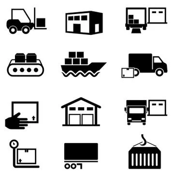 Logistics, supply chain, distribution, warehousing and shipping icons Stock Illustration