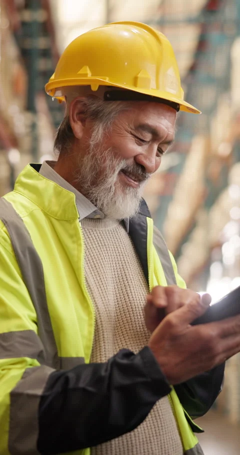 Logistics, tablet and smile with asian man in warehouse for inspection checklist Stock Footage 340971753