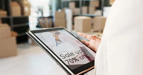 Logistics, tablet screen or hands in warehouse with website, sale update or.. Stock Photos