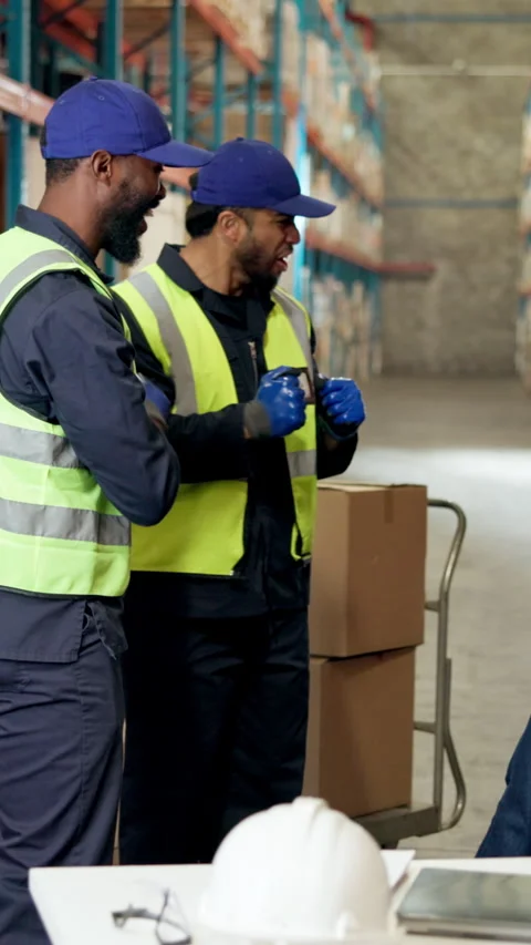 Logistics, team and high five in warehouse with success, shipping target Stock Footage 340540443