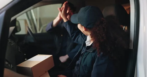 Logistics, team and high five with boxes in delivery van for shipping, order Stock Footage 341574180