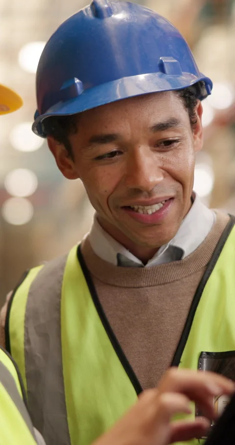 Logistics, team and tablet with discussion in warehouse, inspection and schedule Stock Footage 340969569