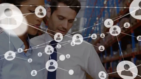 Logistics team checking clipboard in aisle, single node forming network overlay Stock Footage 331821002