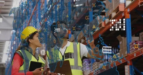 Logistics team tapping tablet and examining inventory, data overlays guiding Stock Footage 317228894