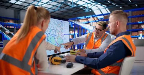 Logistics Team Uses Computer Software To Track And Route Packages Efficiently 库存照片