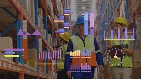 Logistics team walking aisle, scanner scanning boxes starting data charts, Stock Footage 334884159