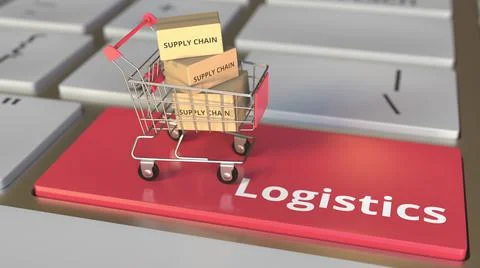 Logistics text on computer keyboard and boxes in small shopping cart. Electronic Stock Illustration