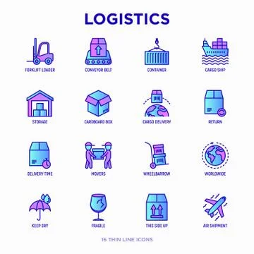 Logistics thin line icons set: forklift loader, conveyor belt, container Illustrazione stock
