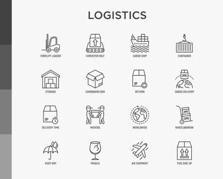 Logistics thin line icons set: forklift loader, conveyor belt, container Stock Illustration