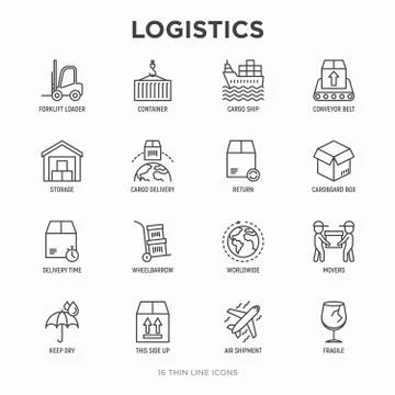 Logistics thin line icons set: forklift loader, conveyor belt, container Stock Illustration