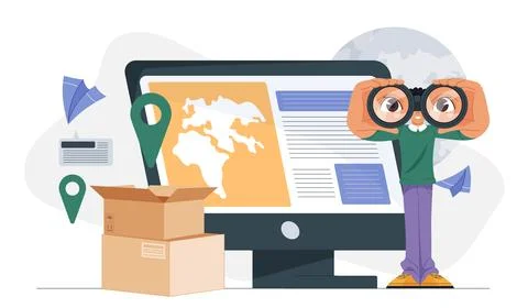 Logistics tracking concept with man using binoculars. Stock Illustration