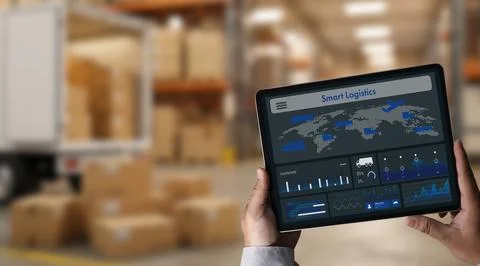 Logistics tracking dashboard on tablet in a warehouse shows distribution gp.. 스톡 사진