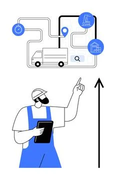 Logistics Tracking System with Worker Analyzing Delivery Route and Efficien.. Illustrazione stock
