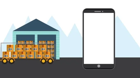 Logistics truck delivering boxes to warehouse shown on phone screen in anim.. Vídeos de archivo 333607130