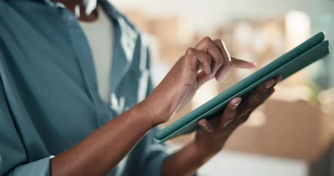 Logistics, typing and hands in office with tablet, order control and review Stock Footage 346241878