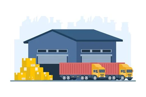 Logistics warehouse concept with packages and container trucks Stock Illustration