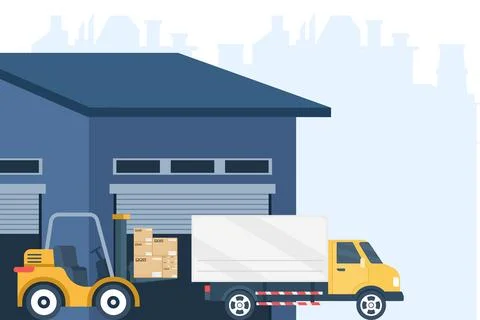 Logistics warehouse with forklift and semi-truck vehicles Stock Illustration