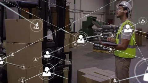 Logistics worker checking tablet by boxes and forklift, activating growing node Video stock 332288879