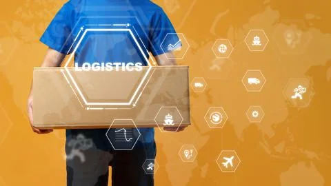 Logistics worker holding a package with logistics icons and a map background Stock Photos