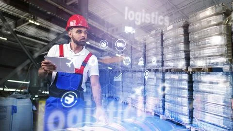 Logistics worker manages inventory in warehouse using digital tools for Stock Photos