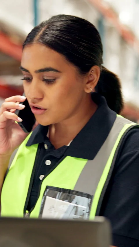 Logistics, worker or laptop with phone call in warehouse for tracking parcel, Stock Footage 319017942