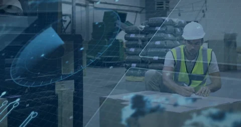 Logistics worker picking up paper kneeling at crate annotating while 3D overlay Stock Footage 314743558