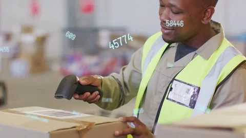 Logistics worker pressing button scanning labels checking shipment with floating Stock Footage 334337289
