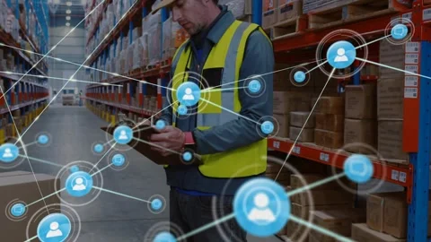 Logistics worker reaching clipboard checking stock count network graphic Stock Footage 317331132