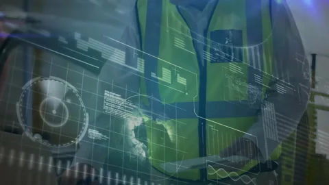 Logistics worker typing on keyboard activating hologram raising scanner updating Stock Footage 310663354