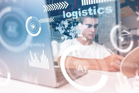 Logistics worker uses technology to manage supply chain tasks in an office Stock Photos