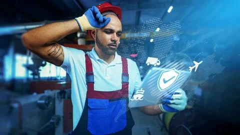 Logistics worker using digital tools for tracking and managing shipments in a Stock Photos