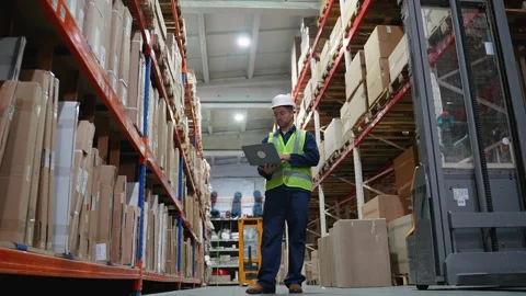 Logistics Worker Using Laptop to Check Inventory at Warehouse Video stock 294266081