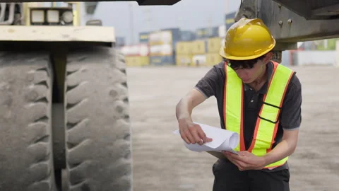 Logistics worker wearing a hard hat performs a safety inspection on heavy Stock Footage 334947242