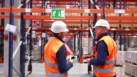 Logistics workers discussing in warehouse Stock Footage 312856367