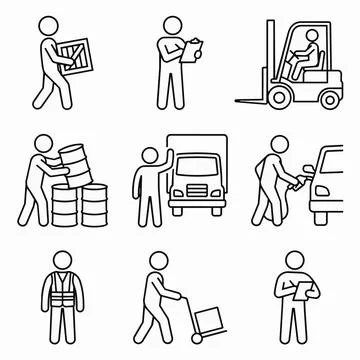 Logistics workers icons, warehouse delivery, forklift, truck, manual handli.. 库存插图