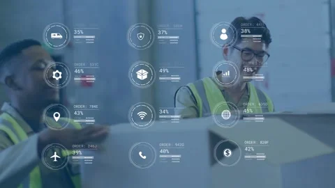 Logistics workers scanning tablet while aligning boxes for inventory, HUD icons Stock Footage 332821967