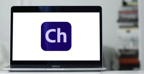 Logo of Adobe Character Animator (Ch) program developed by Adobe on a laptop dis 스톡 사진