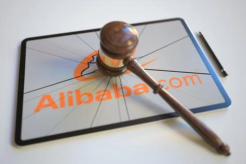 Logo of ALIBABA on the tablet computer screen hit by judge's gavel. Court イラスト素材