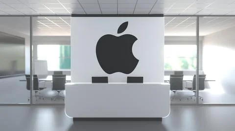 Logo of APPLE INC on a wall in the modern office, editorial conceptual 3D Ilustración de archivo
