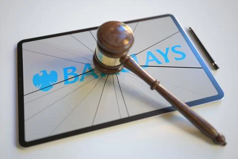 Logo of BARCLAYS on the tablet computer screen hit by judge's gavel. Court Stock-Illustration