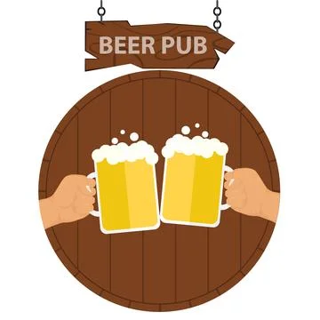 Logo of a beer pub, a banner of a beer pub. Two hands with beer mugs Stock Illustration