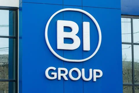 The logo of BI Group Constuction on the building of business center in Fotos de archivo