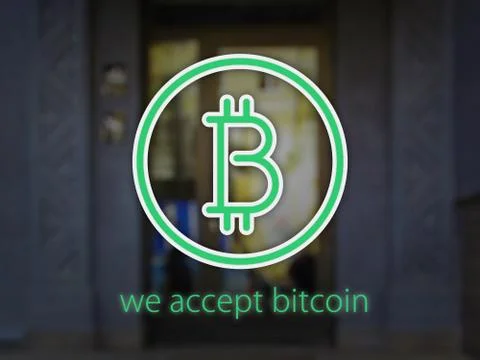 Logo Bitcoin over facade with blur effect and text we accept bitcoin. 3D Illustrazione stock