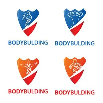 Logo bodybulding with posing athlete on shield Stock Illustration