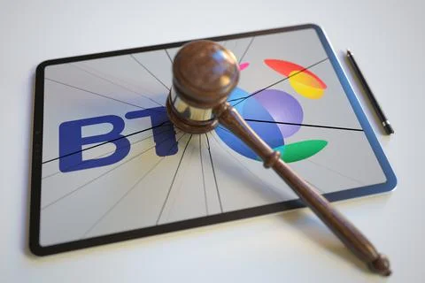 Logo of BT GROUP on the tablet computer screen hit by judge's gavel. Court イラスト素材