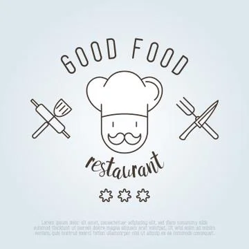 Logo for cafe or restaurant with chef in hat with mustache, knife, spatula Stock Illustration
