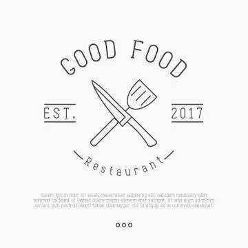 Logo for cafe or restaurant with knife and spatula in thin line style. Stock Illustration