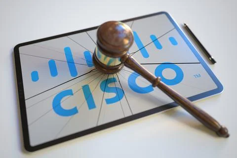 Logo of CISCO on the tablet computer screen hit by judge's gavel. Court related Stock Illustration
