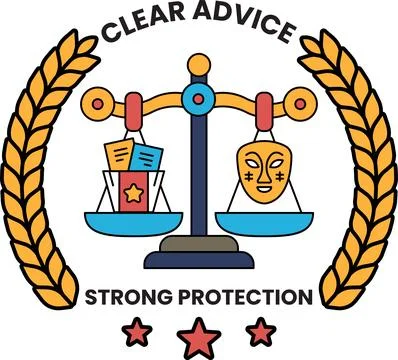A logo for Clear Advice that is a scale with a mask on one side 库存插图